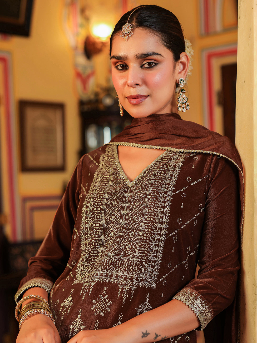 Janasya Women's Brown Velvet Embellished Gold Printed Straight Kurta Set