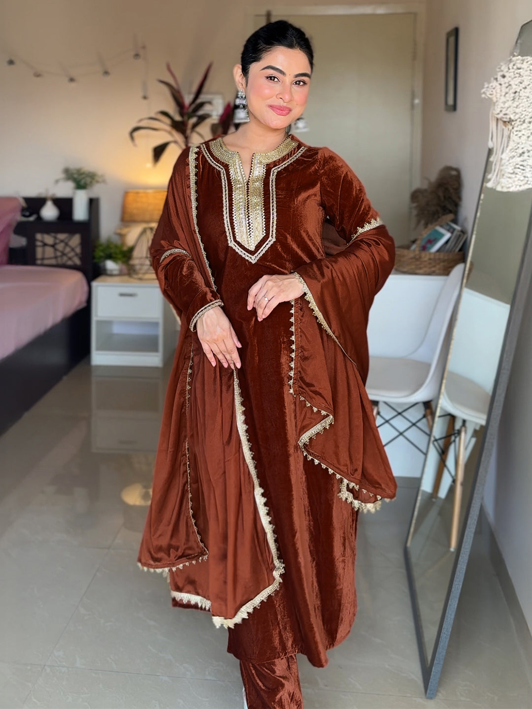 Janasya Women's Brown Velvet Embellished Straight Kurta Set