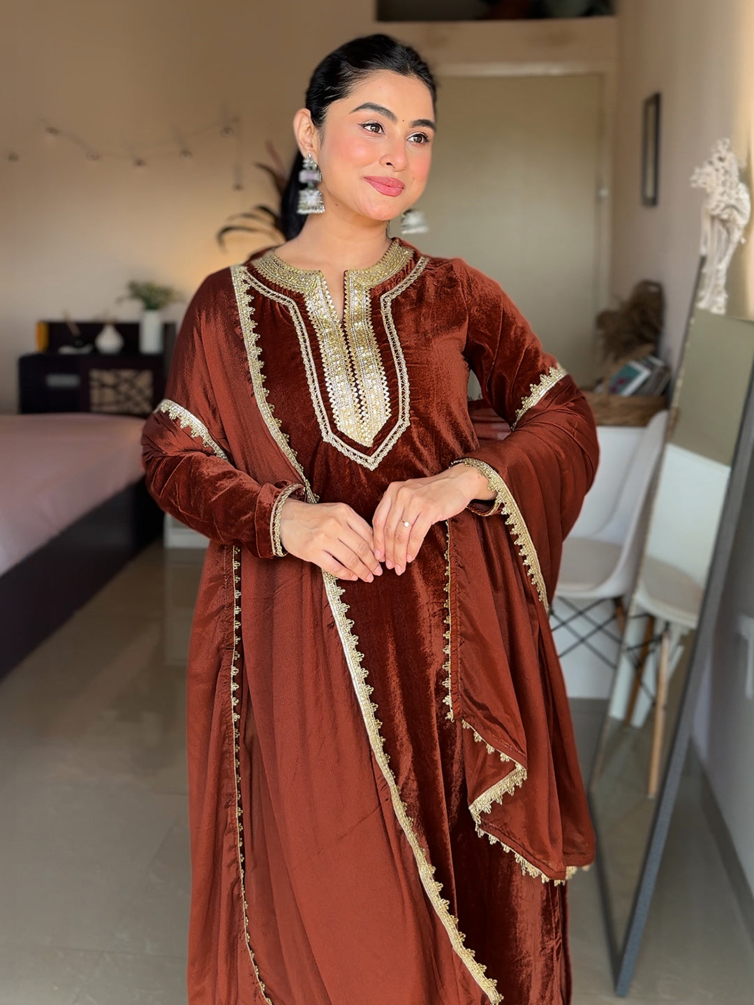 Janasya Women's Brown Velvet Embellished Straight Kurta Set