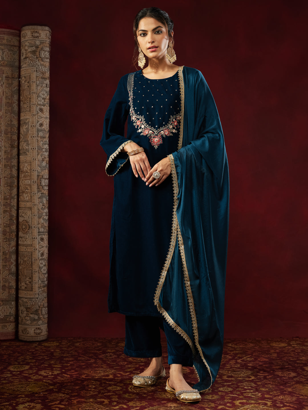 Janasya Women's Teal Blue Velvet Yoke Embroidered Straight Kurta Set