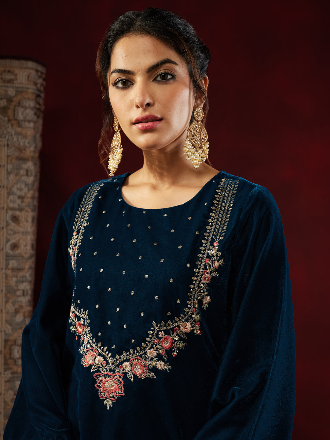 Janasya Women's Teal Blue Velvet Yoke Embroidered Straight Kurta Set