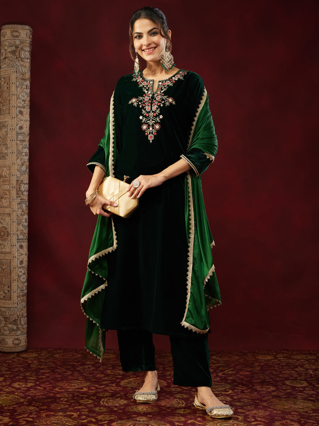 Janasya Women's Bottle Green Velvet Yoke Embroidered Straight Kurta Set