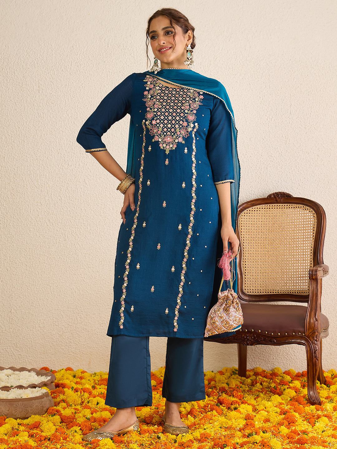 Janasya Women's Teal Blue Silk Blend Floral Zari Embroidered Straight Kurta Set