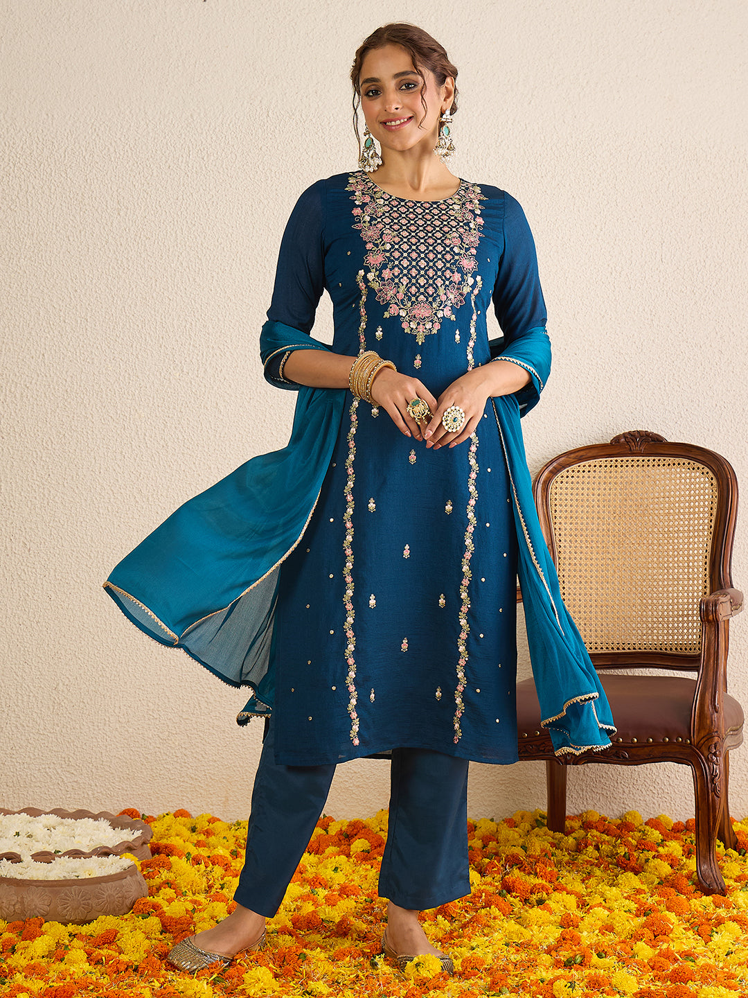 Janasya Women's Teal Blue Silk Blend Floral Zari Embroidered Straight Kurta Set