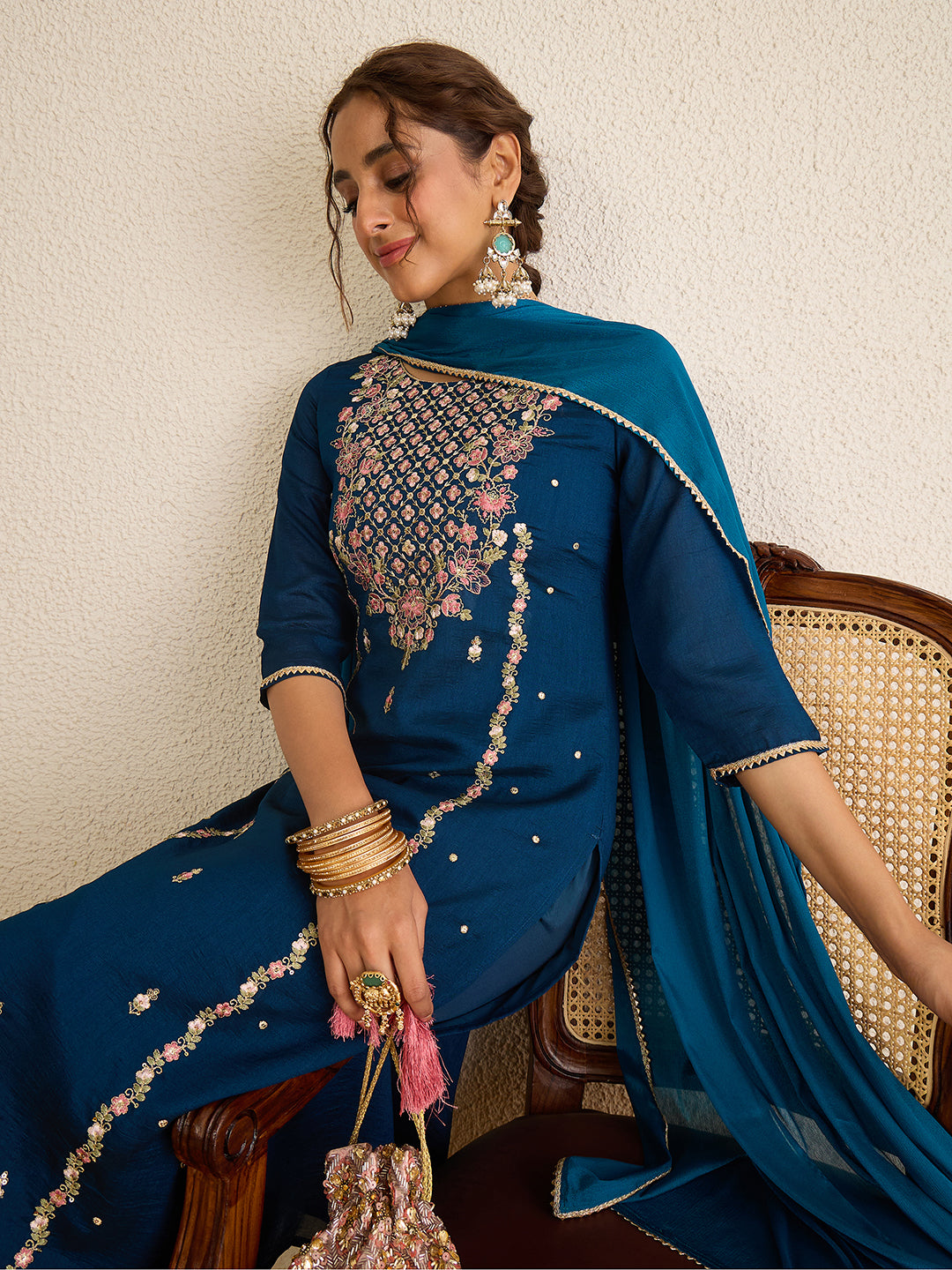 Janasya Women's Teal Blue Silk Blend Floral Zari Embroidered Straight Kurta Set