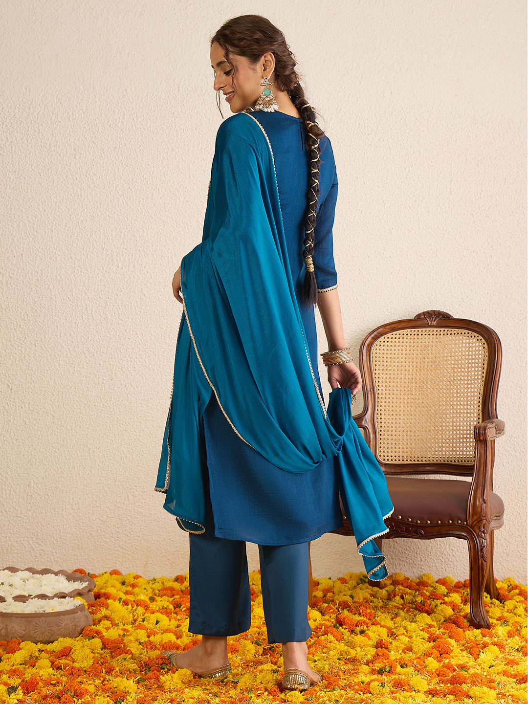 Janasya Women's Teal Blue Silk Blend Floral Zari Embroidered Straight Kurta Set