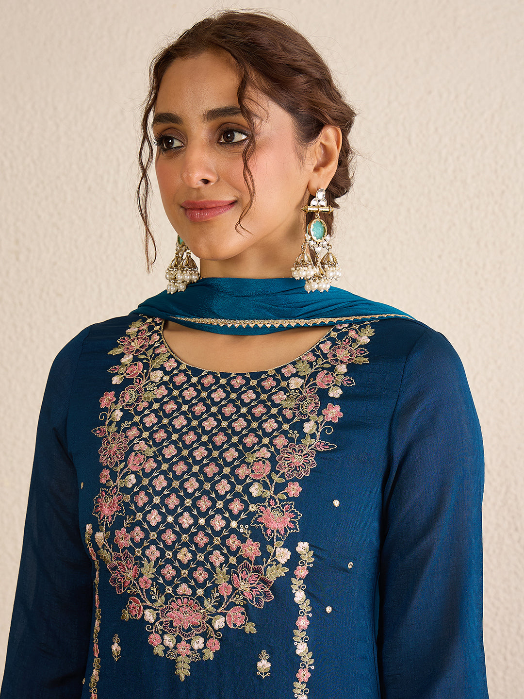 Janasya Women's Teal Blue Silk Blend Floral Zari Embroidered Straight Kurta Set