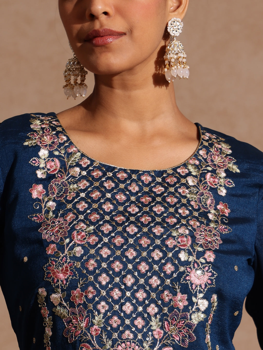 Janasya Women's Teal Blue Silk Blend Zari Embroidered Straight Kurta Set