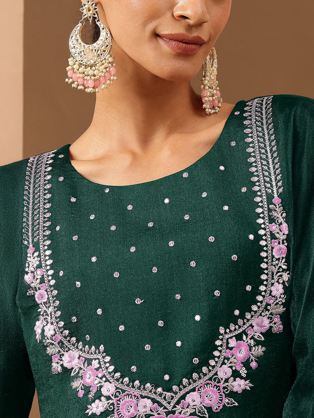 Janasya Women's Bottle Green Silk Blend Zari Embroidered Straight Kurta Set