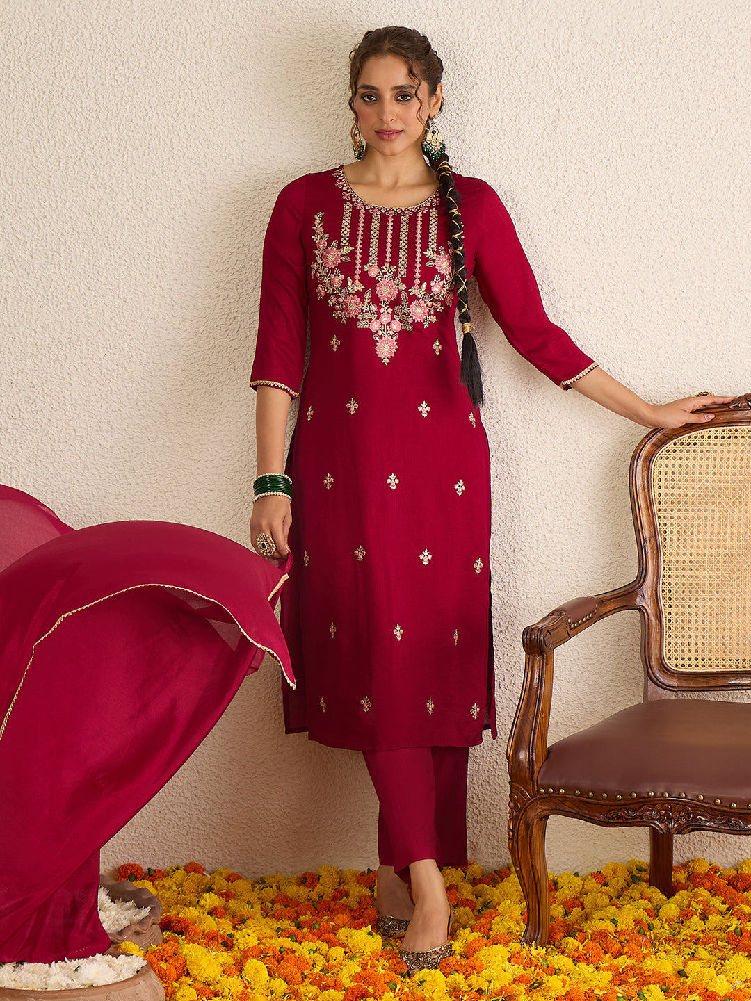 Janasya Women's Maroon Silk Blend Floral Embroidered Straight Kurta Set