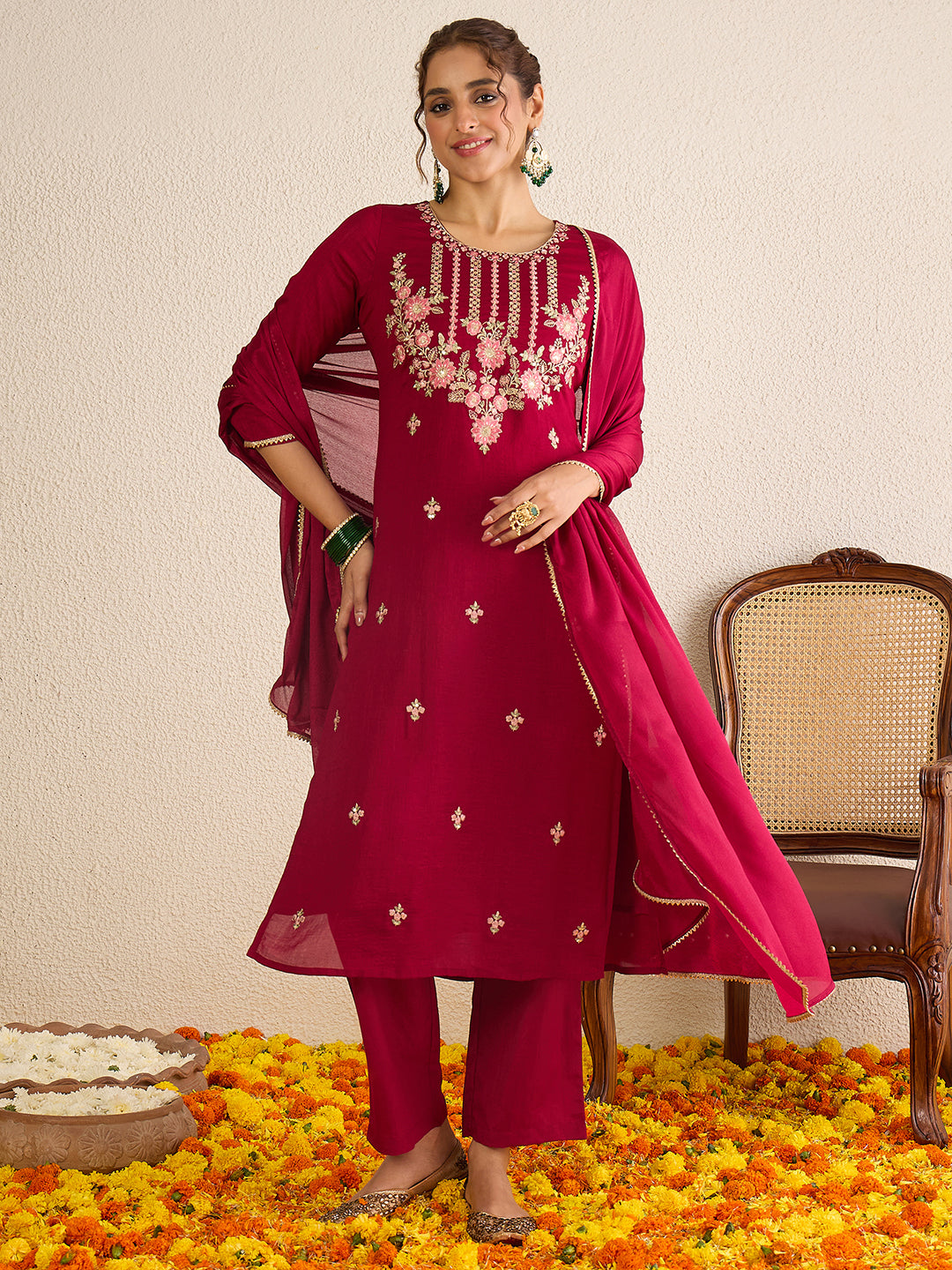 Janasya Women's Maroon Silk Blend Floral Embroidered Straight Kurta Set