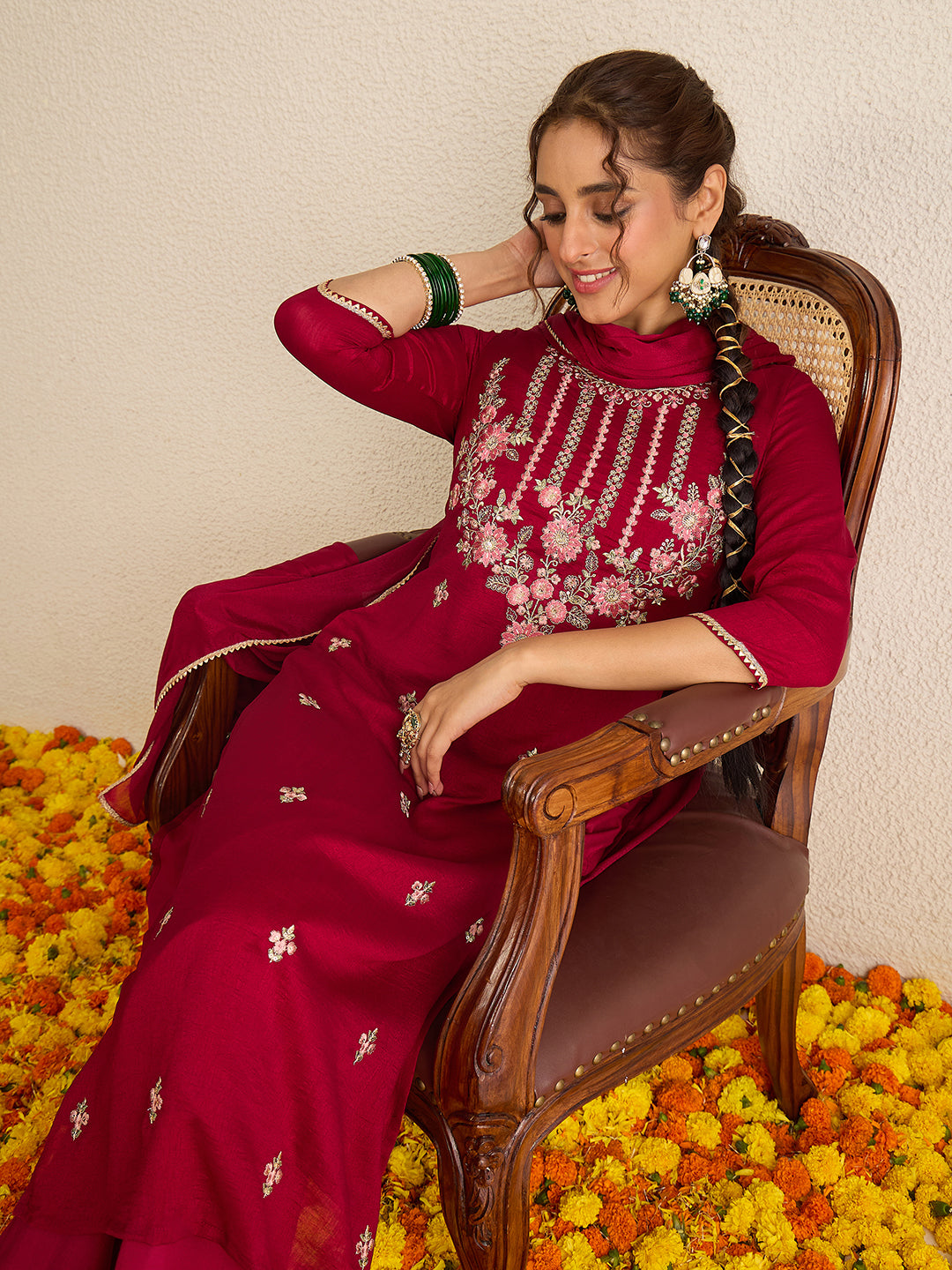 Janasya Women's Maroon Silk Blend Floral Embroidered Straight Kurta Set
