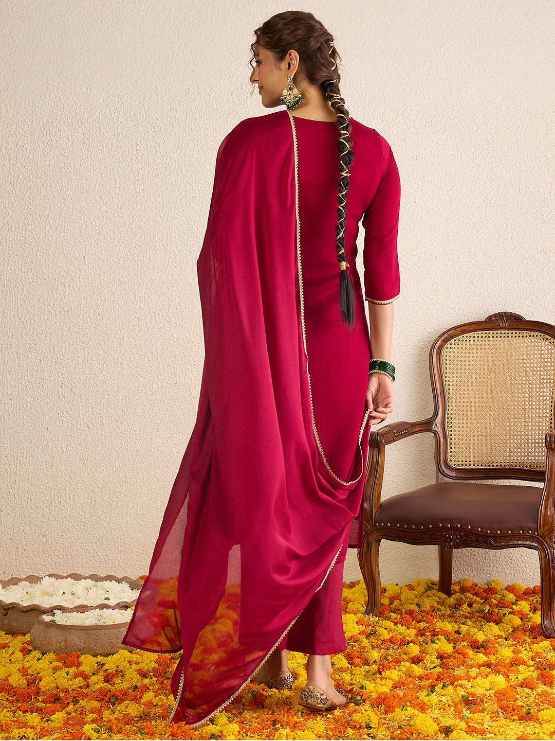 Janasya Women's Maroon Silk Blend Floral Embroidered Straight Kurta Set
