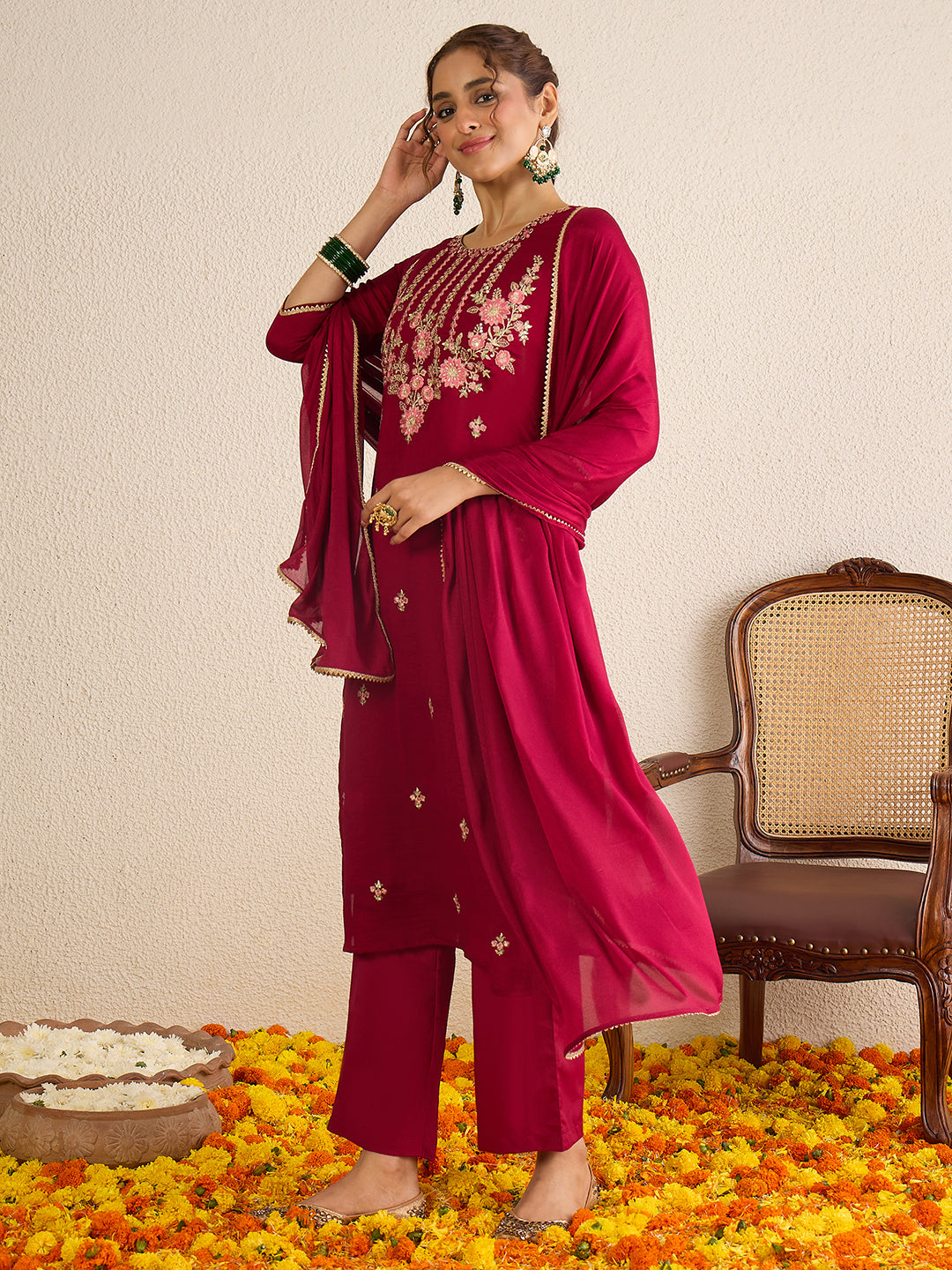 Janasya Women's Maroon Silk Blend Floral Embroidered Straight Kurta Set