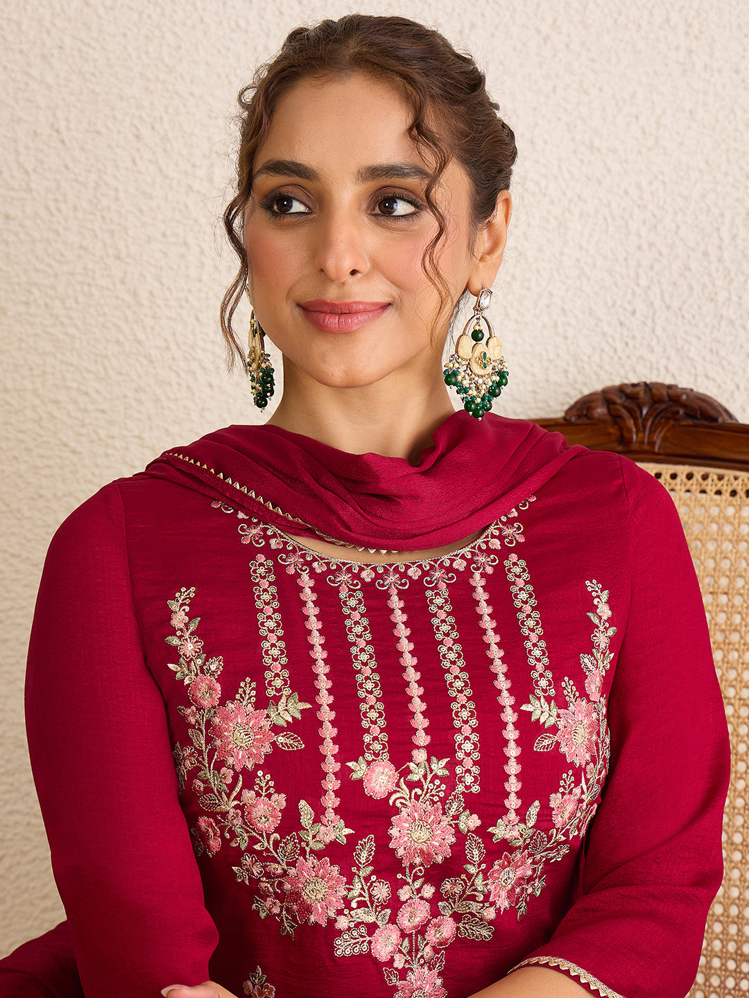 Janasya Women's Maroon Silk Blend Floral Embroidered Straight Kurta Set