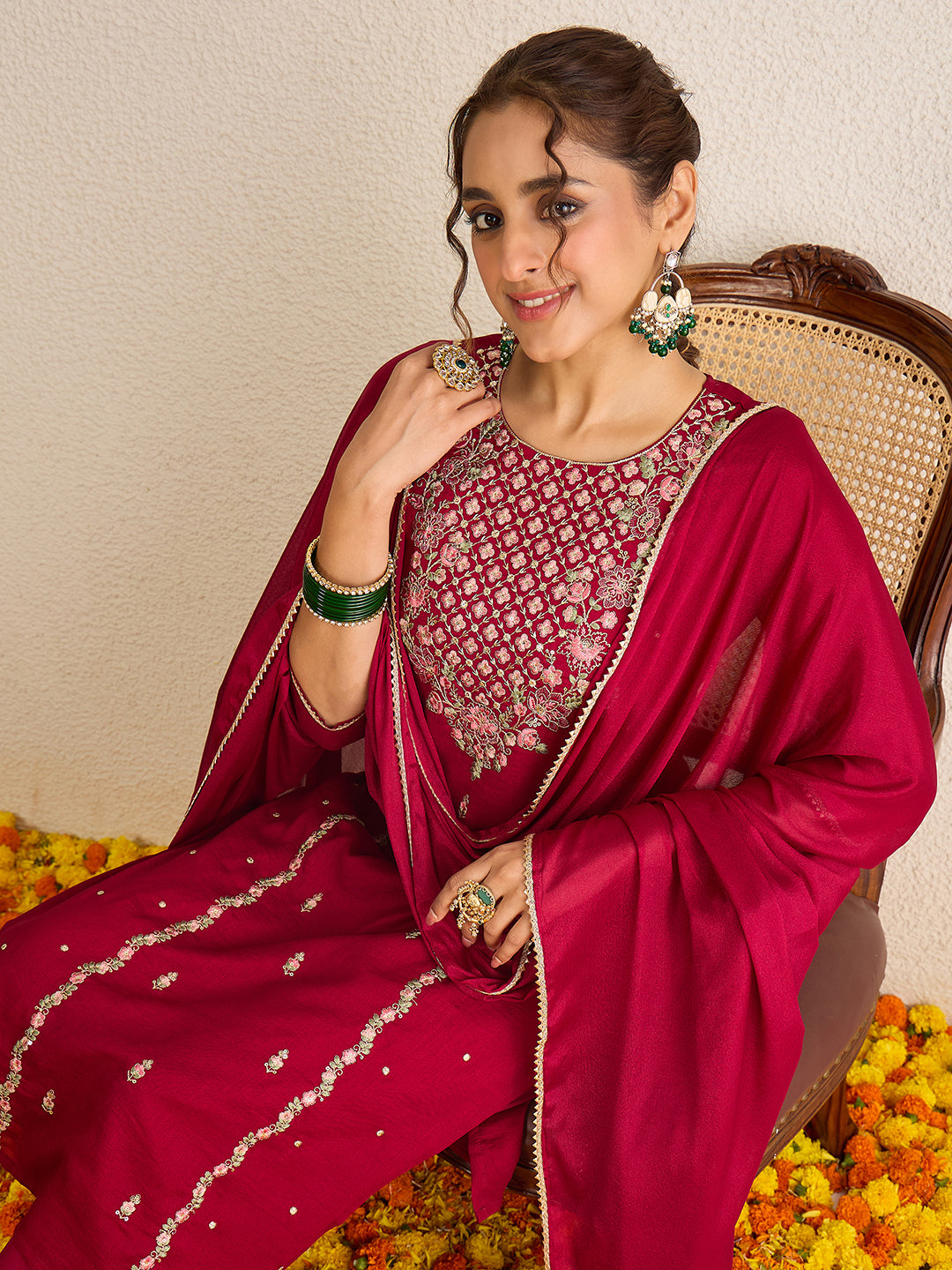 Janasya Women's Maroon Silk Blend Floral Embroidered Straight Kurta Set