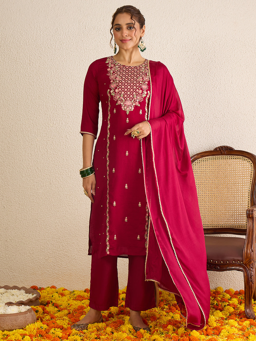 Janasya Women's Maroon Silk Blend Floral Embroidered Straight Kurta Set