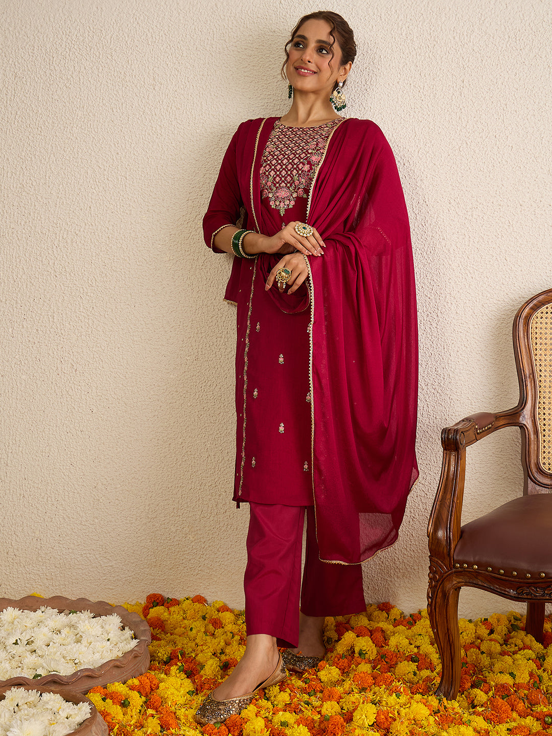 Janasya Women's Maroon Silk Blend Floral Embroidered Straight Kurta Set
