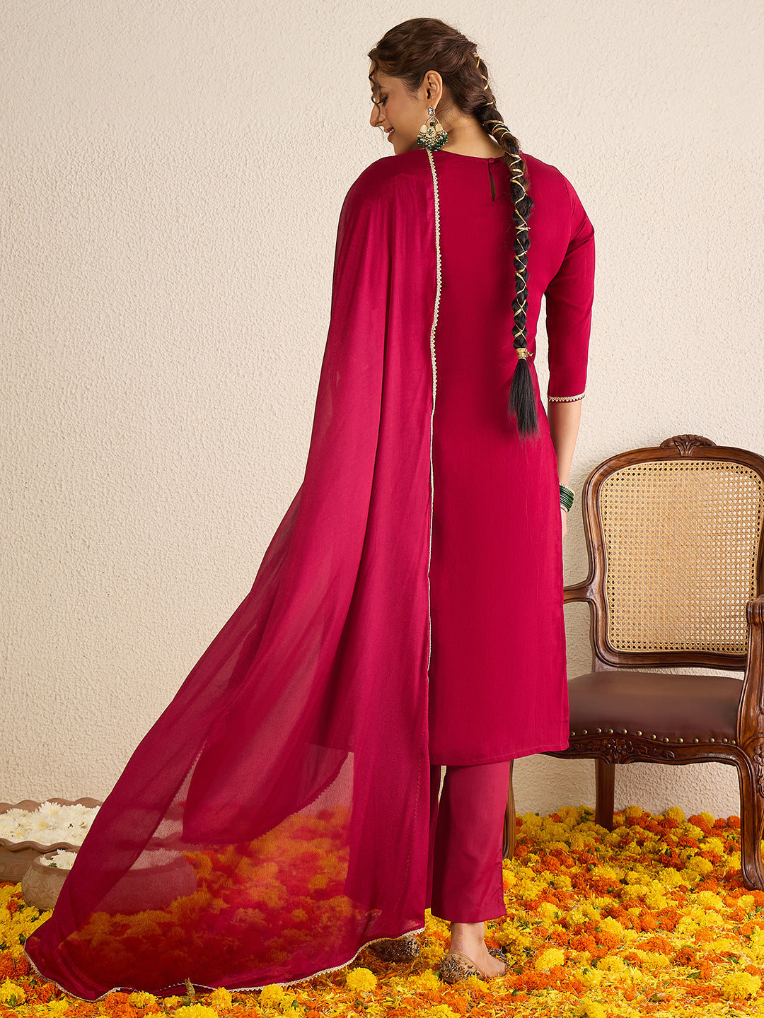 Janasya Women's Maroon Silk Blend Floral Embroidered Straight Kurta Set