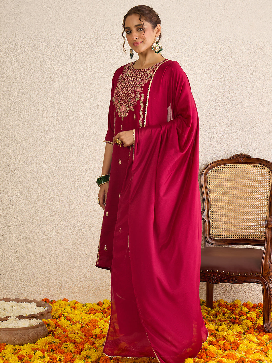 Janasya Women's Maroon Silk Blend Floral Embroidered Straight Kurta Set