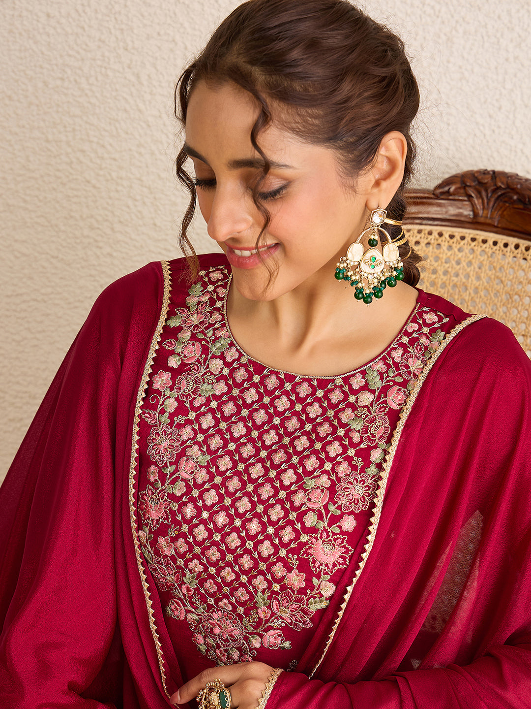 Janasya Women's Maroon Silk Blend Floral Embroidered Straight Kurta Set
