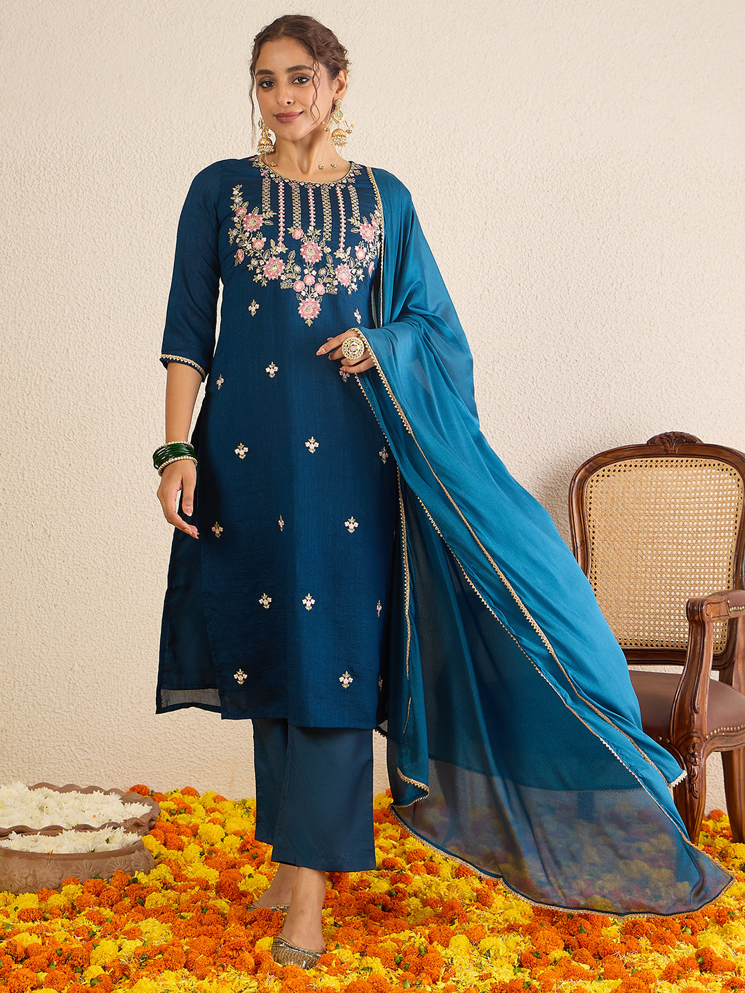 Janasya Women's Teal Blue Silk Blend Embroidered Straight Kurta Set