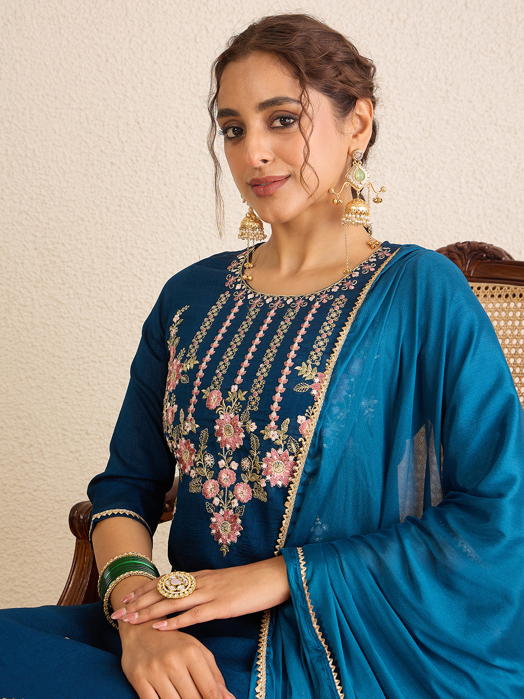 Janasya Women's Teal Blue Silk Blend Embroidered Straight Kurta Set