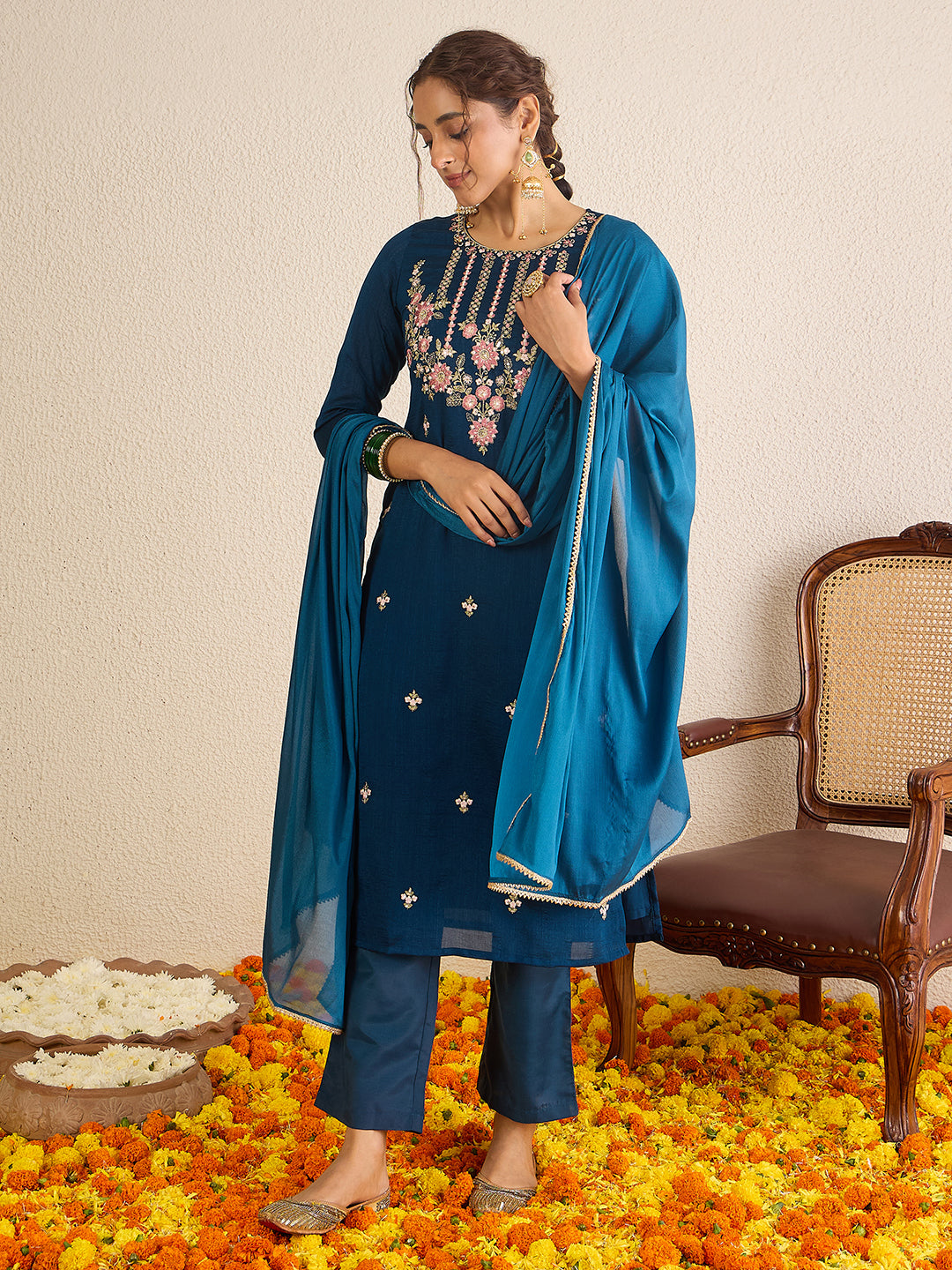 Janasya Women's Teal Blue Silk Blend Embroidered Straight Kurta Set