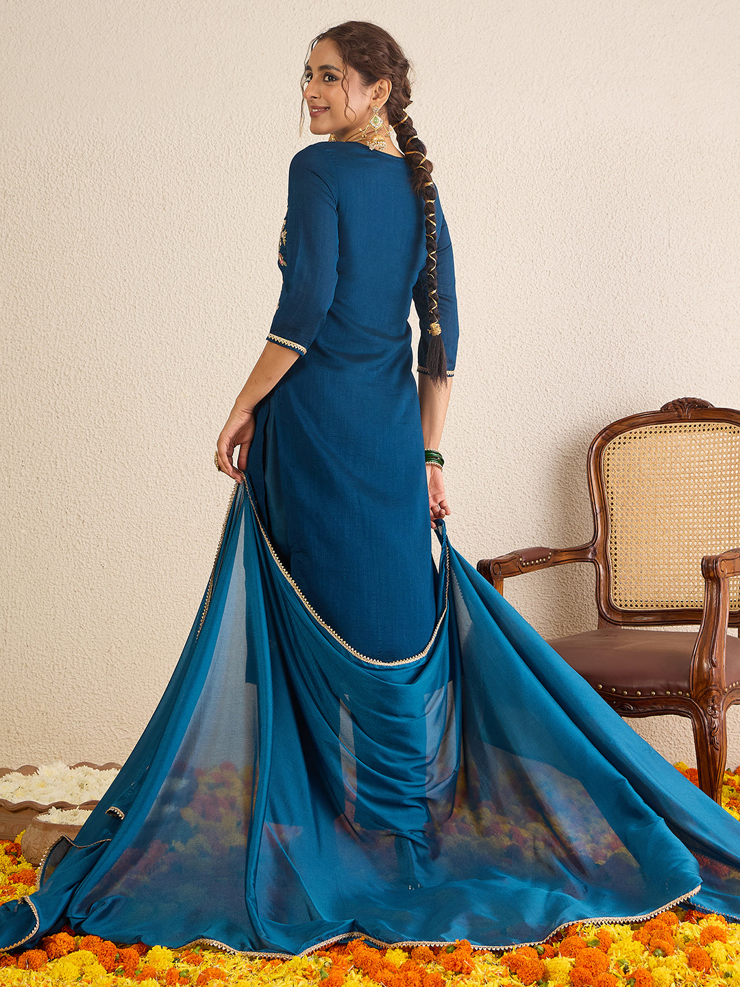 Janasya Women's Teal Blue Silk Blend Embroidered Straight Kurta Set