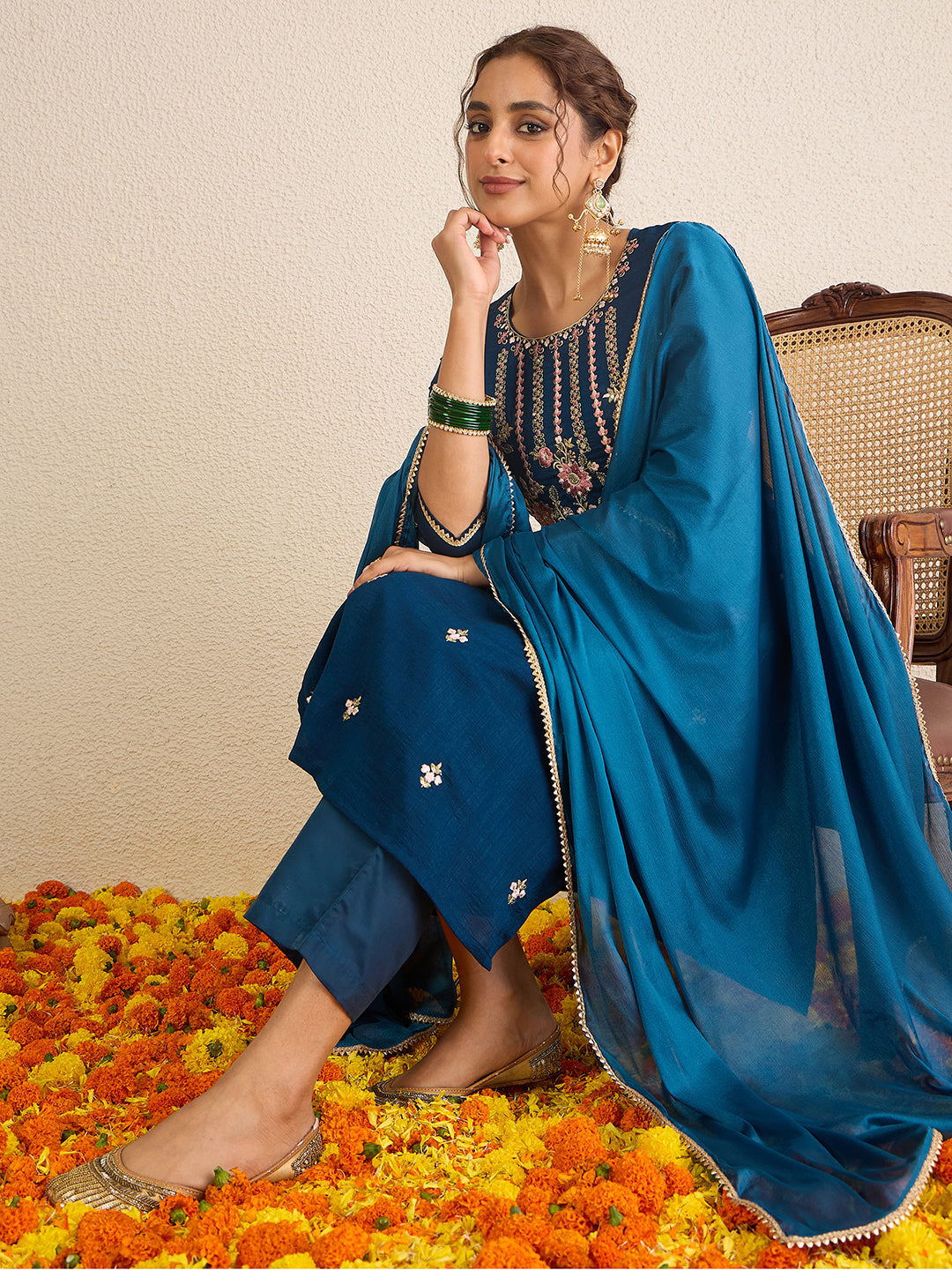 Janasya Women's Teal Blue Silk Blend Embroidered Straight Kurta Set
