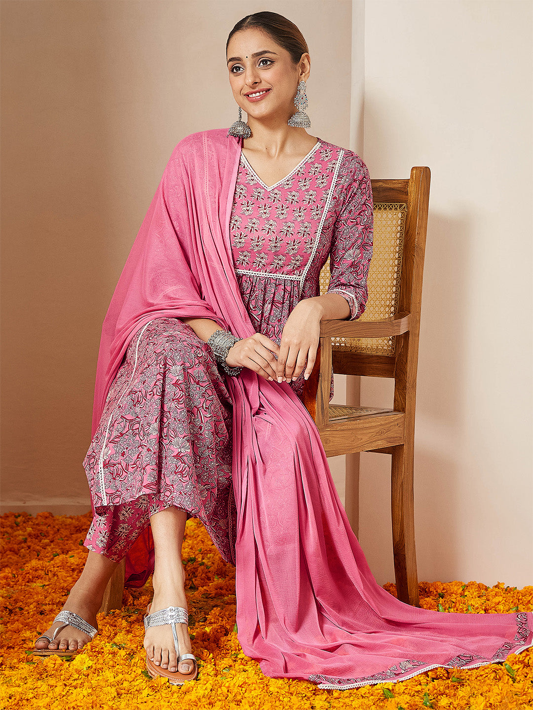 Janasya Women's Pink Pure Cotton Floral Printed A-line Kurta Set