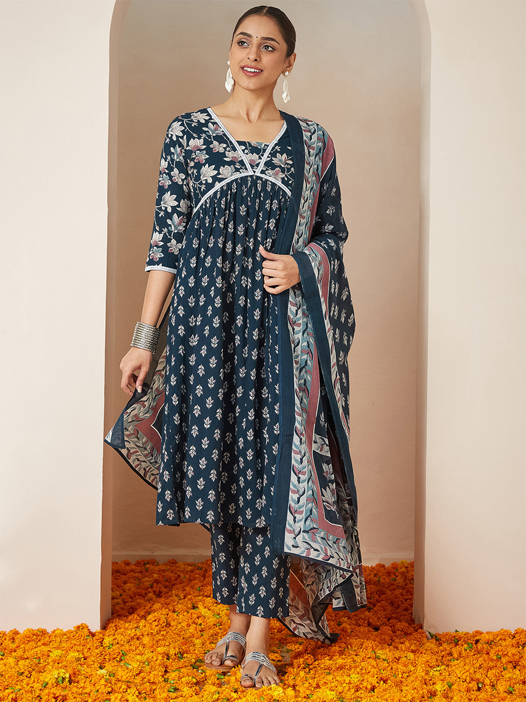 Janasya Women's Teal Blue Pure Cotton Floral Printed A-line Kurta Set