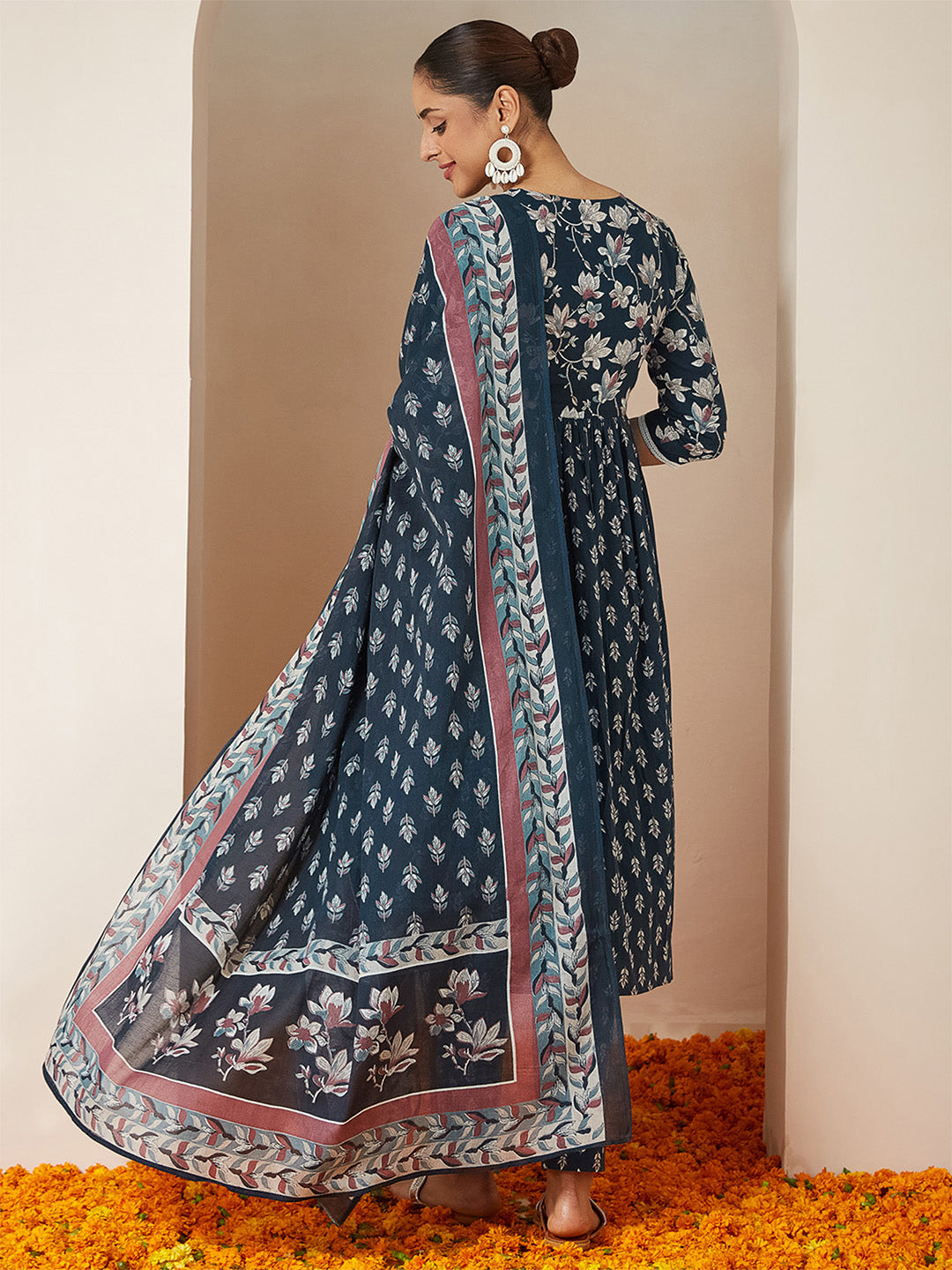 Janasya Women's Teal Blue Pure Cotton Floral Printed A-line Kurta Set