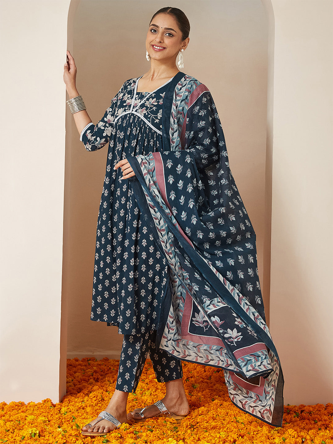 Janasya Women's Teal Blue Pure Cotton Floral Printed A-line Kurta Set