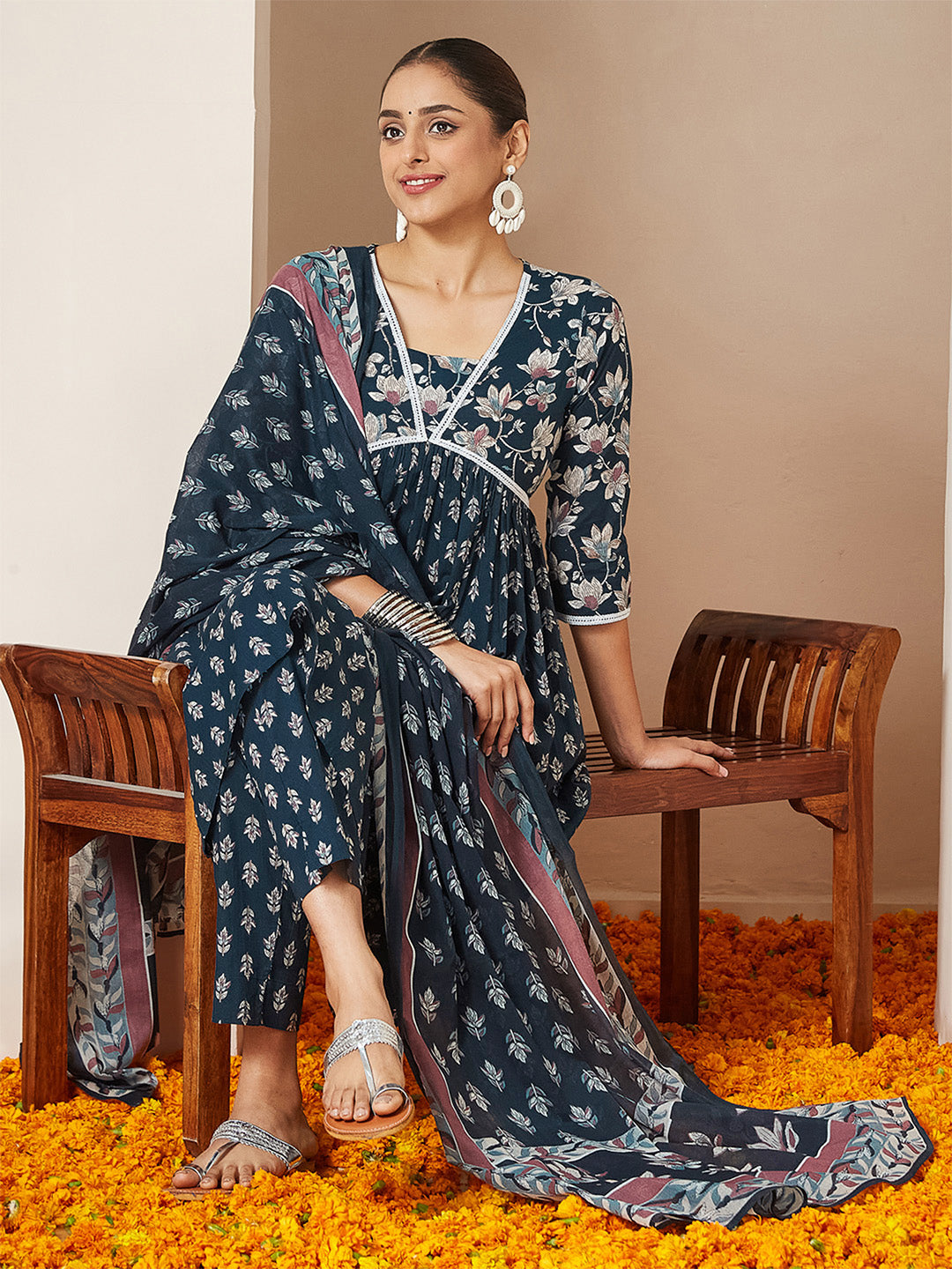 Janasya Women's Teal Blue Pure Cotton Floral Printed A-line Kurta Set