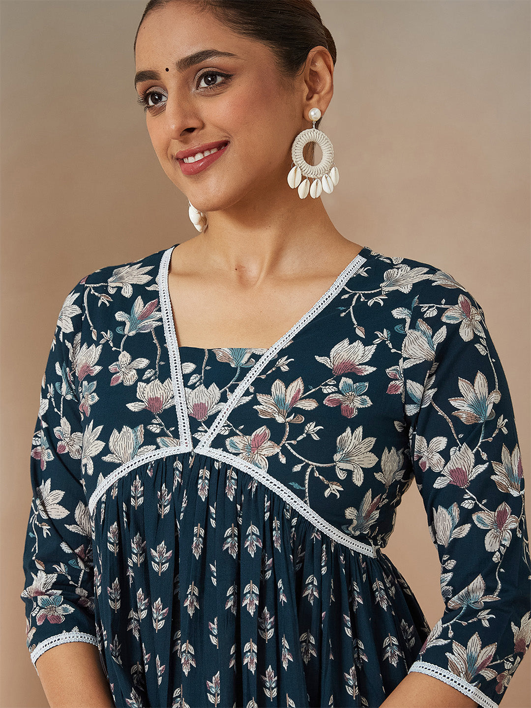 Janasya Women's Teal Blue Pure Cotton Floral Printed A-line Kurta Set