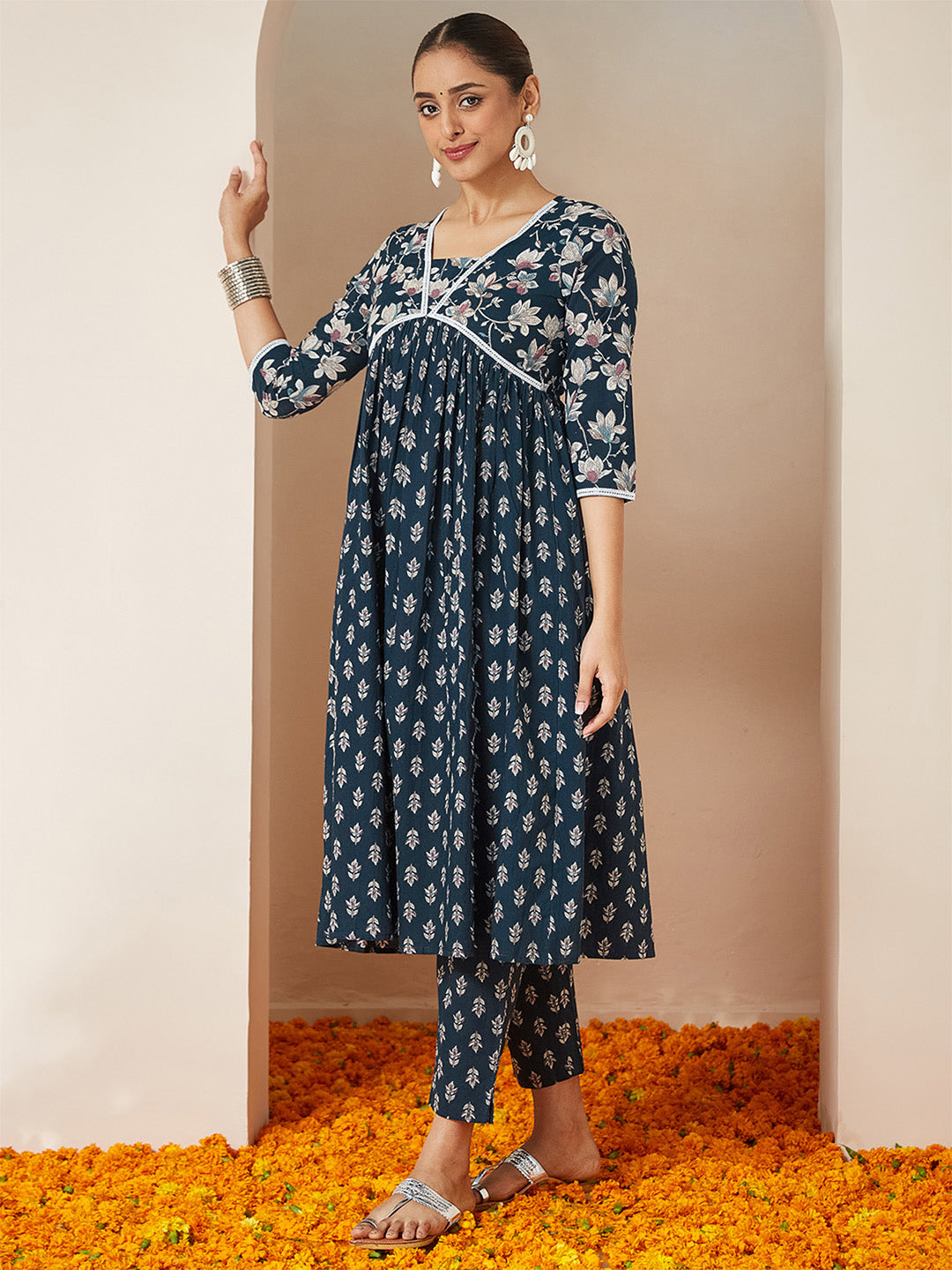 Janasya Women's Teal Blue Pure Cotton Floral Printed A-line Kurta Set