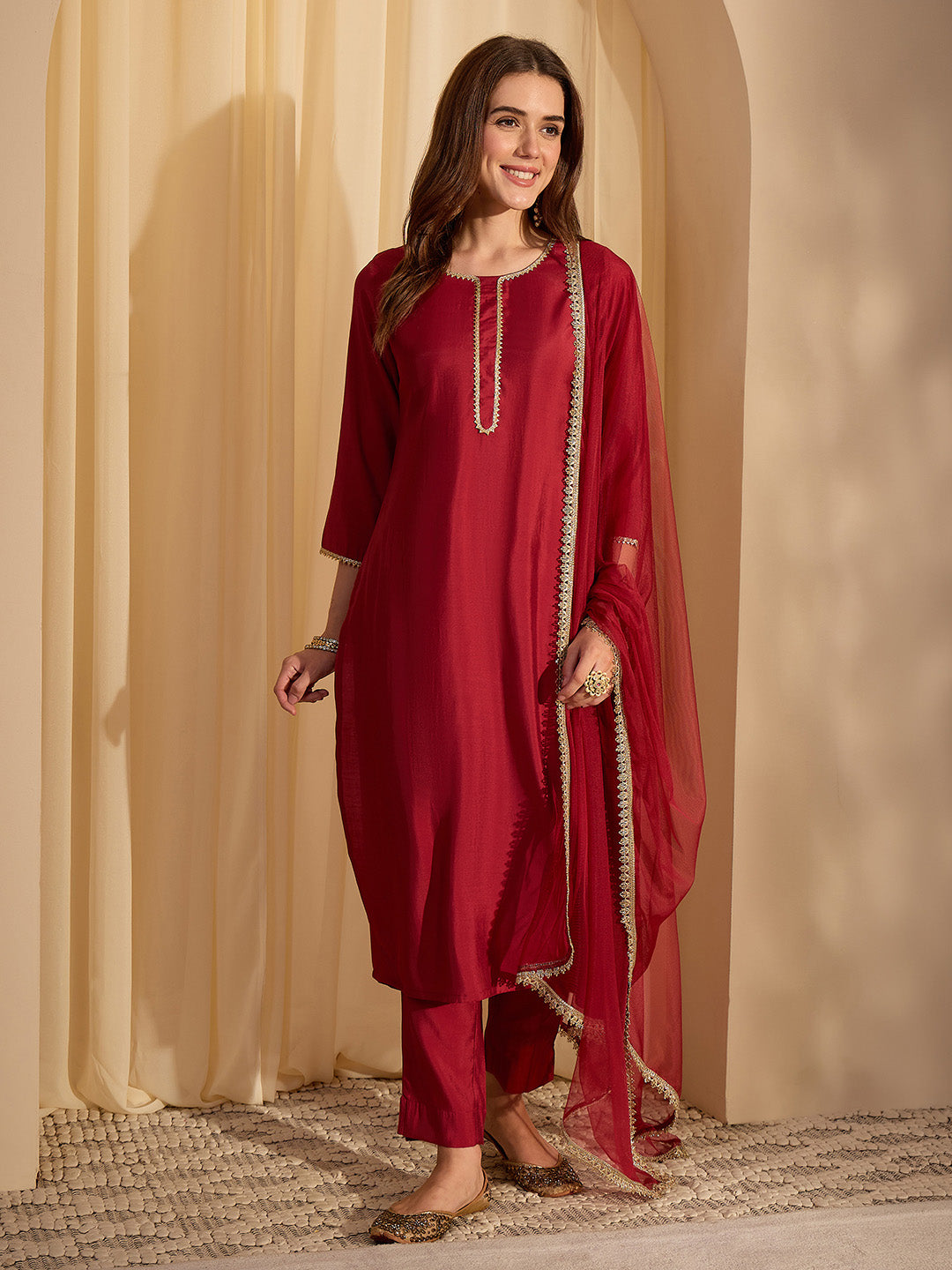 Janasya Women's Maroon Chanderi Silk Yoke Design Straight Kurta Set