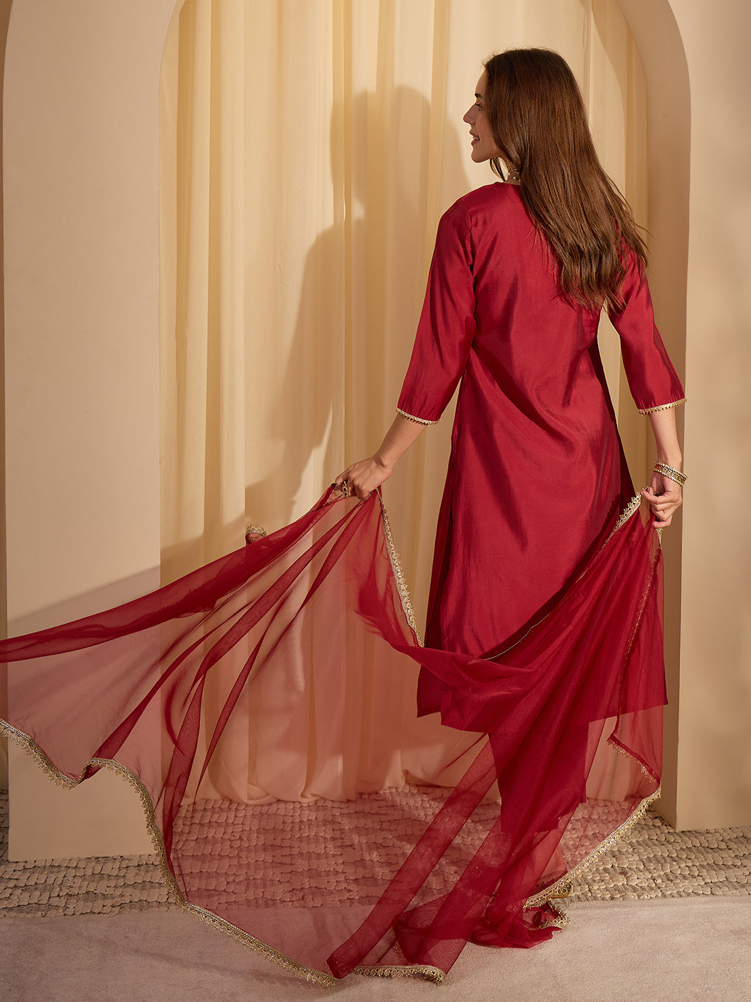 Janasya Women's Maroon Chanderi Silk Yoke Design Straight Kurta Set