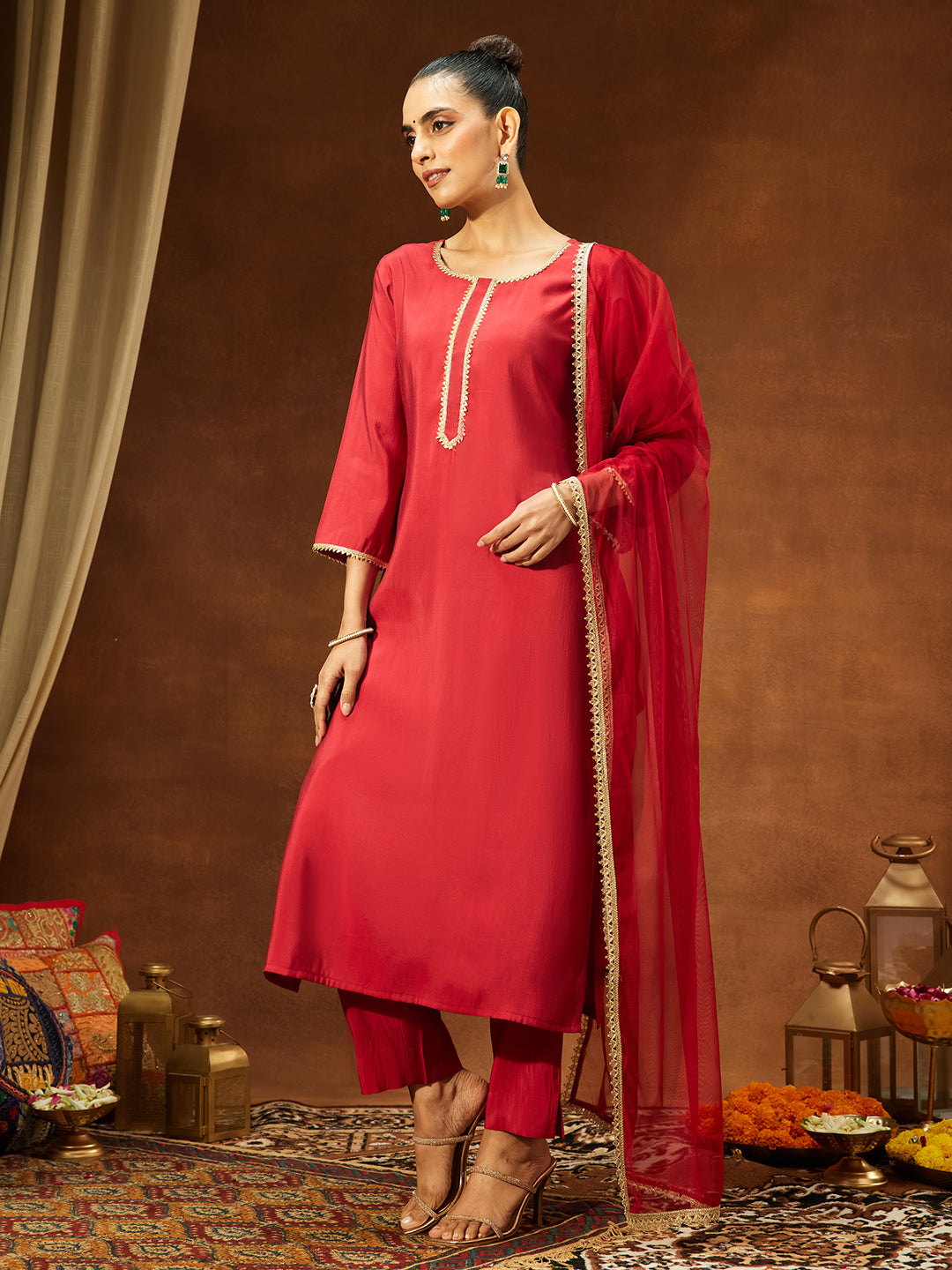 Janasya Women's Maroon Chanderi Silk Yoke Design Straight Kurta Set