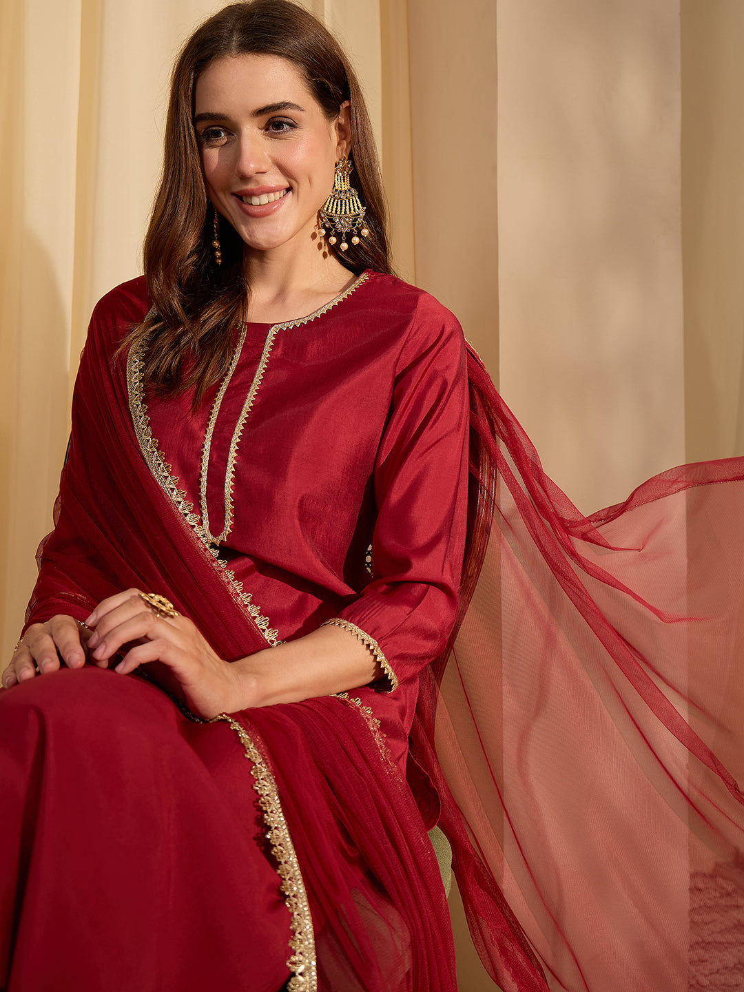 Janasya Women's Maroon Chanderi Silk Yoke Design Straight Kurta Set
