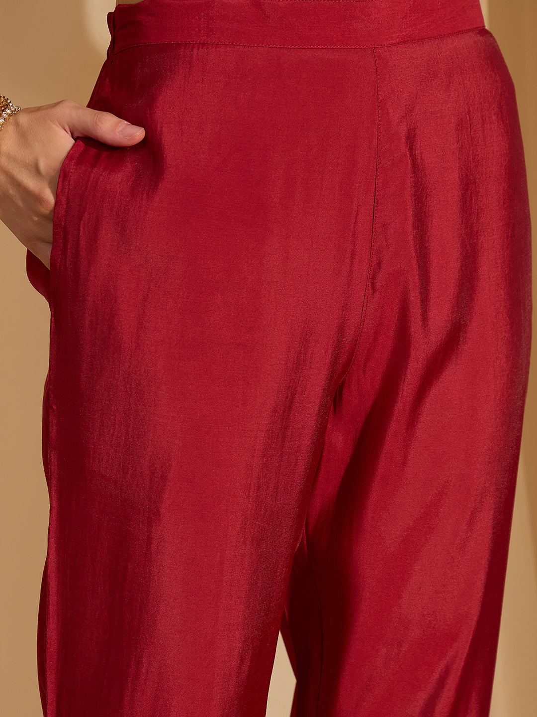 Janasya Women's Maroon Chanderi Silk Yoke Design Straight Kurta Set