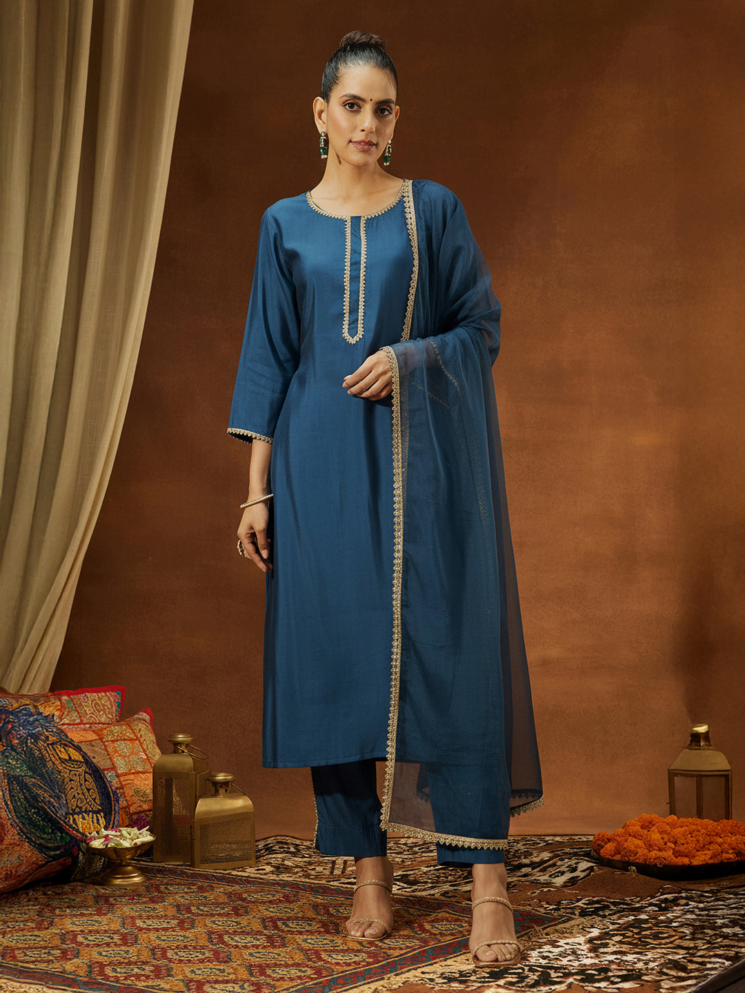 Janasya Women's Teal Blue Chanderi Silk Yoke Design Straight Kurta Set
