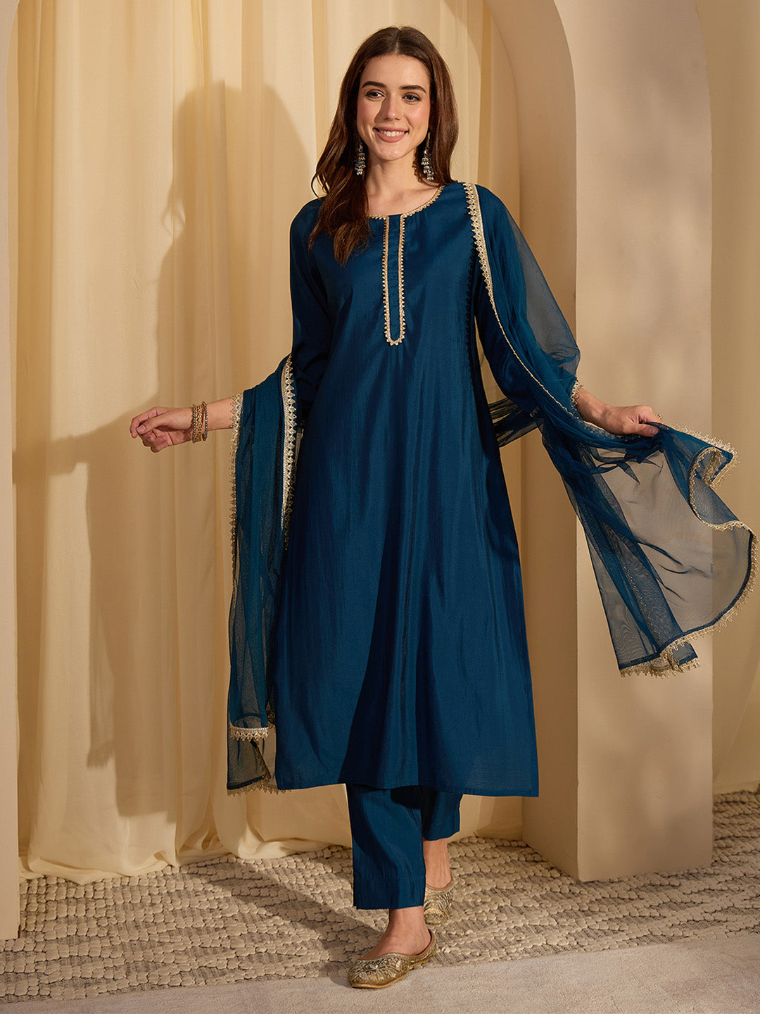 Janasya Women's Teal Blue Chanderi Silk Yoke Design Straight Kurta Set