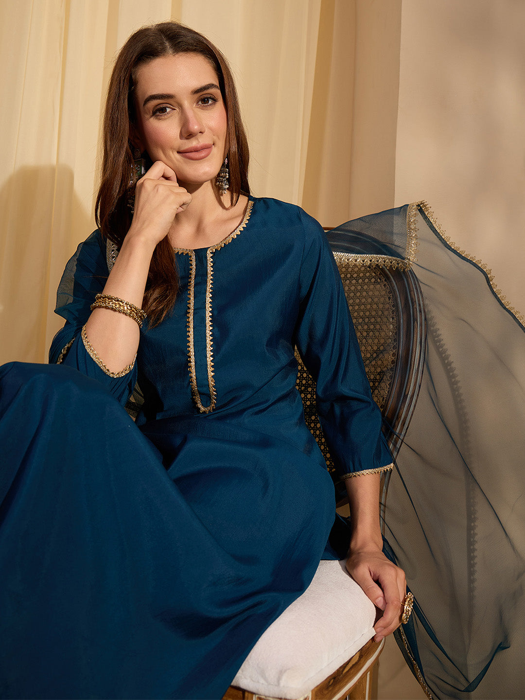 Janasya Women's Teal Blue Chanderi Silk Yoke Design Straight Kurta Set