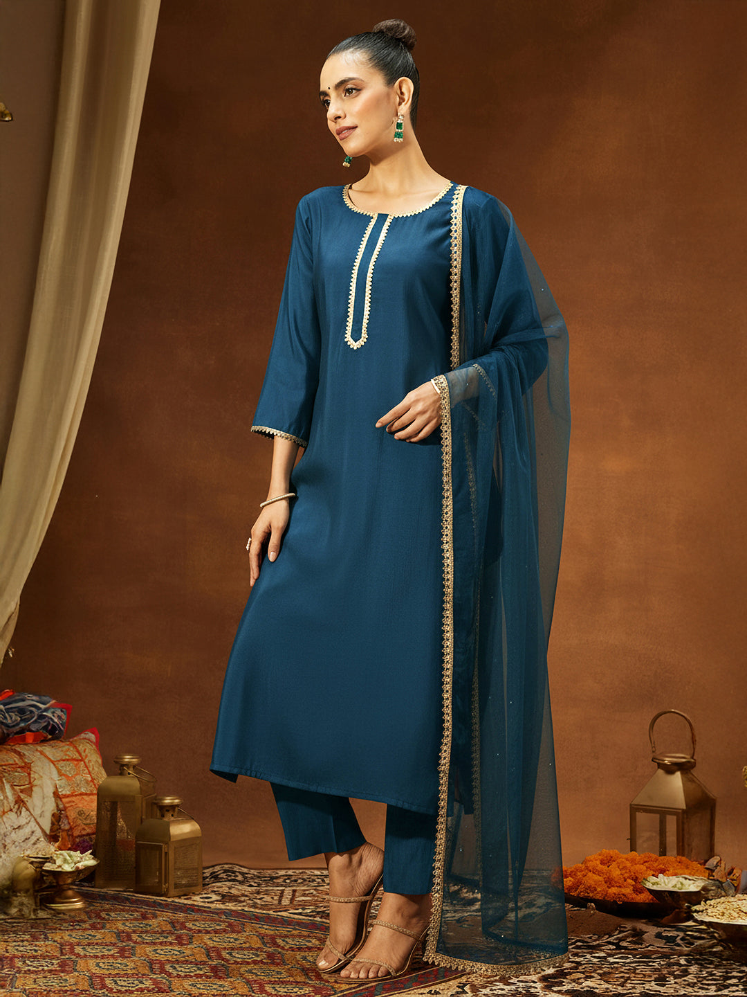 Janasya Women's Teal Blue Chanderi Silk Yoke Design Straight Kurta Set