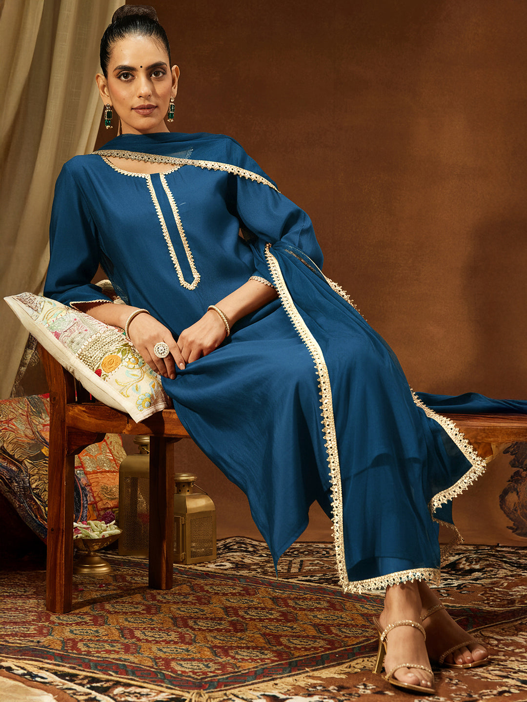 Janasya Women's Teal Blue Chanderi Silk Yoke Design Straight Kurta Set