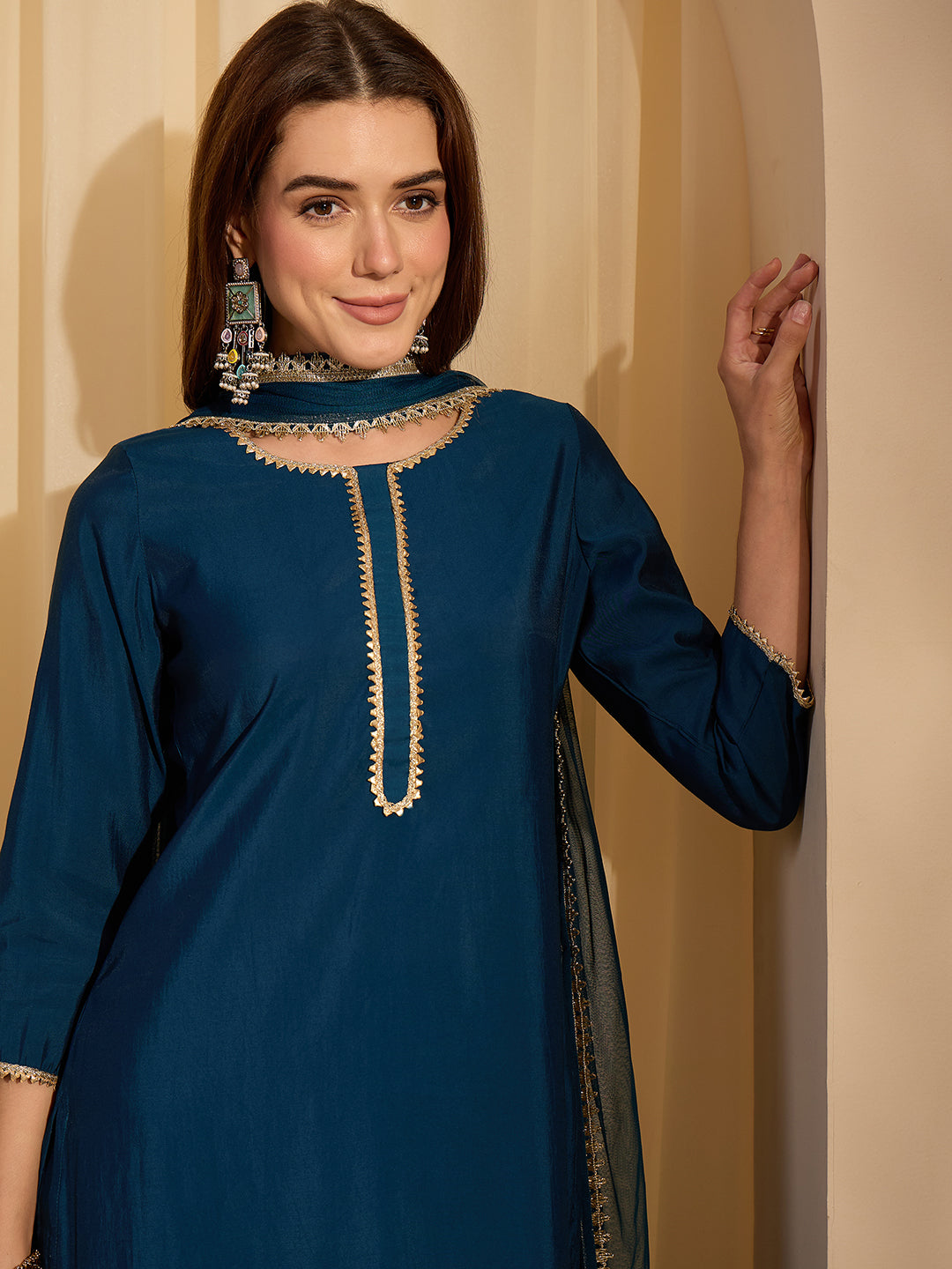Janasya Women's Teal Blue Chanderi Silk Yoke Design Straight Kurta Set