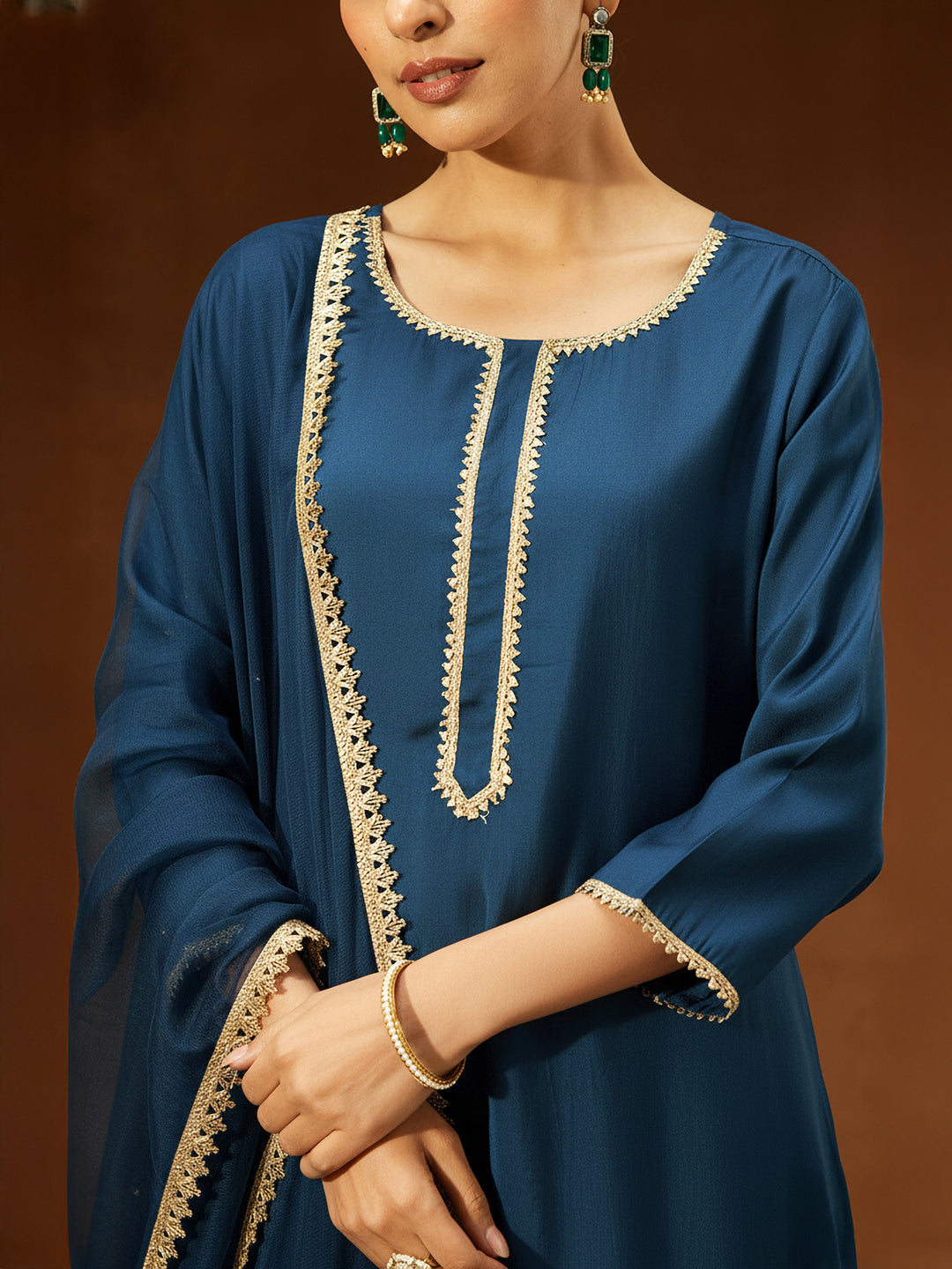 Janasya Women's Teal Blue Chanderi Silk Yoke Design Straight Kurta Set