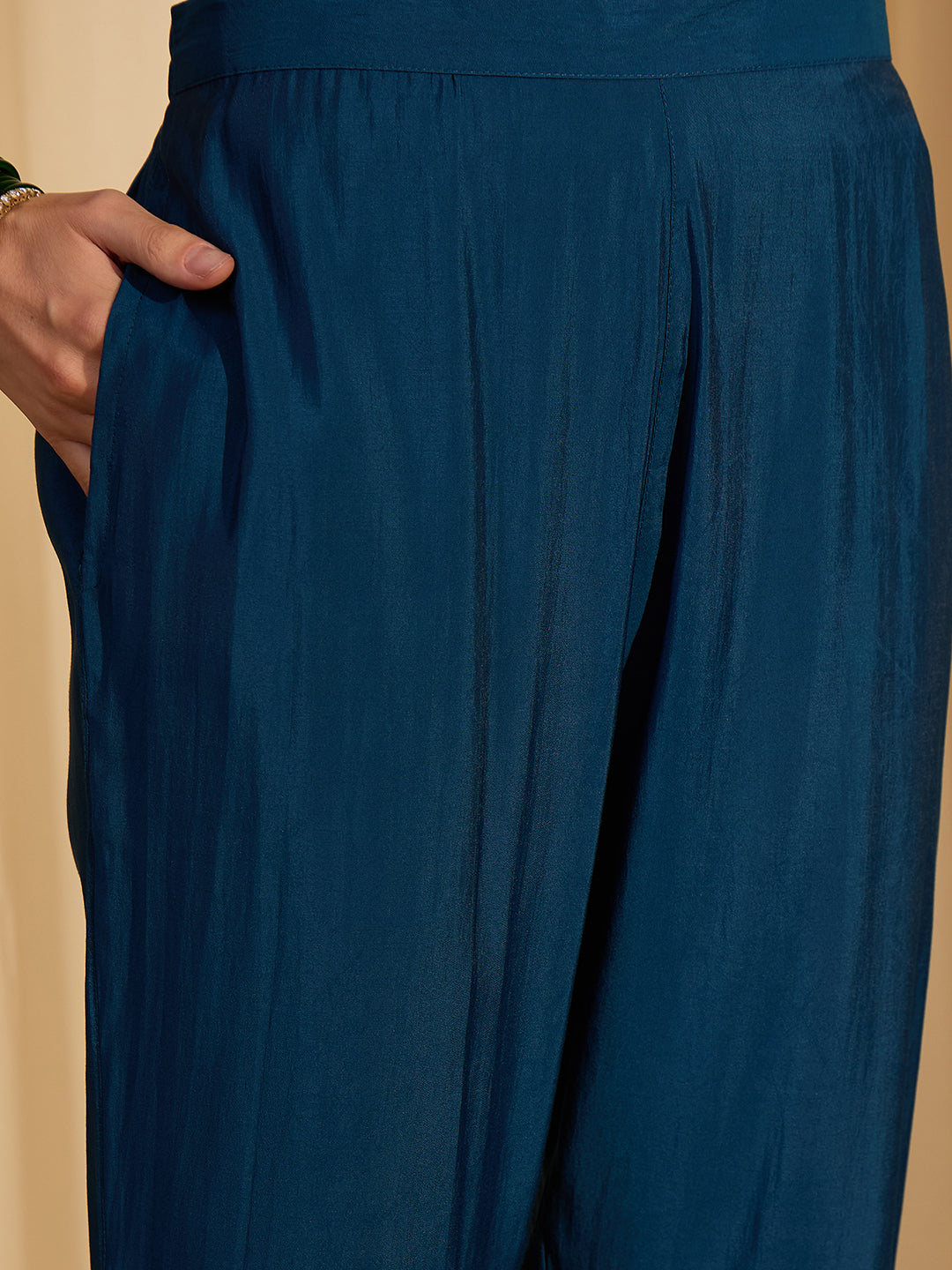 Janasya Women's Teal Blue Chanderi Silk Yoke Design Straight Kurta Set